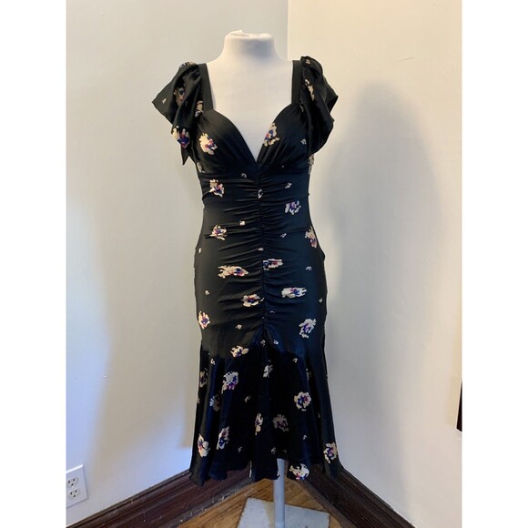 VTG Betsey Johnson 90 2000 y2K Silk Floral Midi Slip Dress Flutter Ruched 6 Blk - Picture 8 of 15
